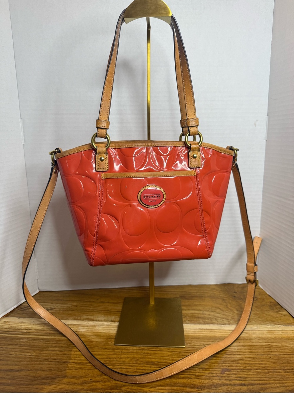 Coach Peyton F20096 Papaya Orange Embossed Patent Leather Tote Crossbody Bag